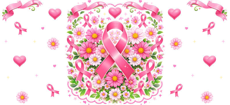 floral pink ribbon UV DTF cup wrap for 16oz glass can breast cancer decal KA-10326