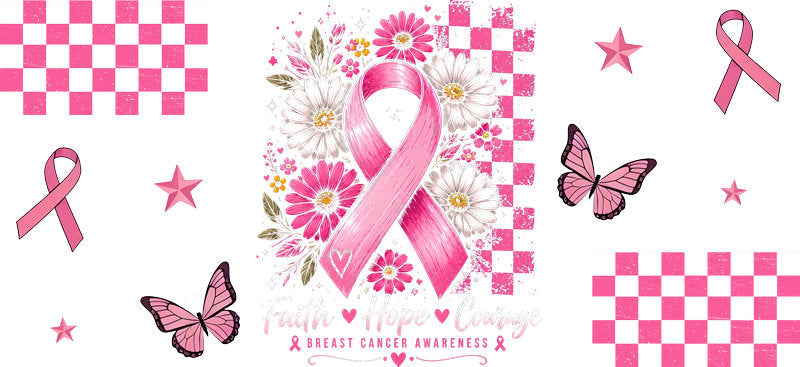 pink ribbon checkered pattern UV DTF cup wrap for 16oz glass can awareness decal KA-10335