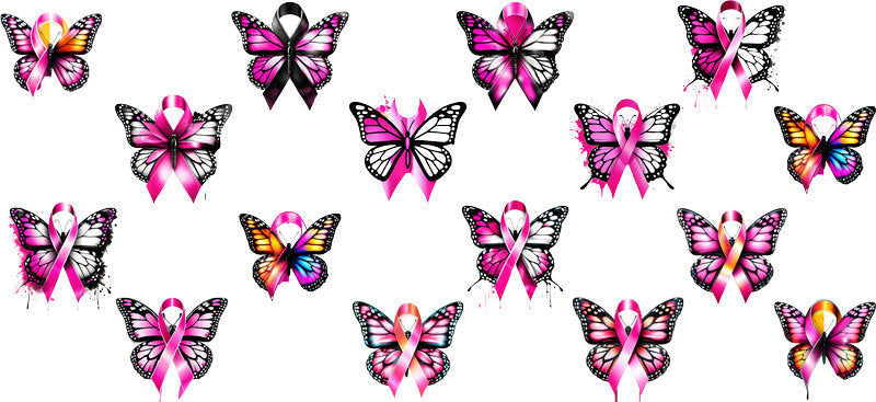 pink butterfly awareness UV DTF cup wrap for 16oz glass can ribbon decal KA-10350