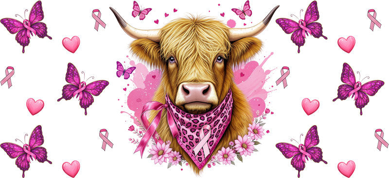 highland cow pink ribbon UV DTF cup wrap for 16oz glass can awareness decal KA-10360