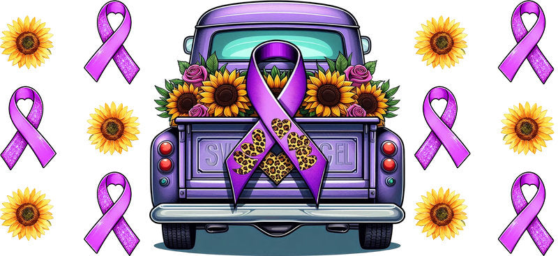 pink ribbon vintage truck UV DTF cup wrap for 16oz glass can awareness decal KA-10383