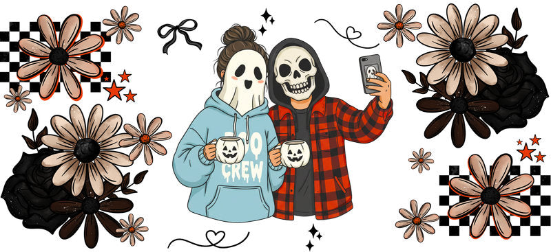 plaid spooky couple UV DTF cup wrap for 16oz glass can halloween decal KA-10480