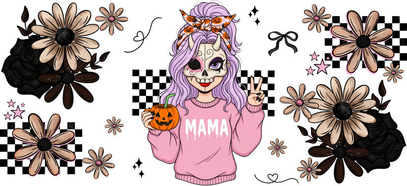 pastel skull mama UV DTF cup wrap for 16oz glass can halloween decal KA-10497