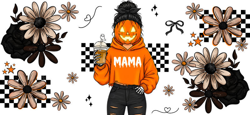 orange hoodie horror mama UV DTF cup wrap for 16oz glass can halloween decal KA-10521