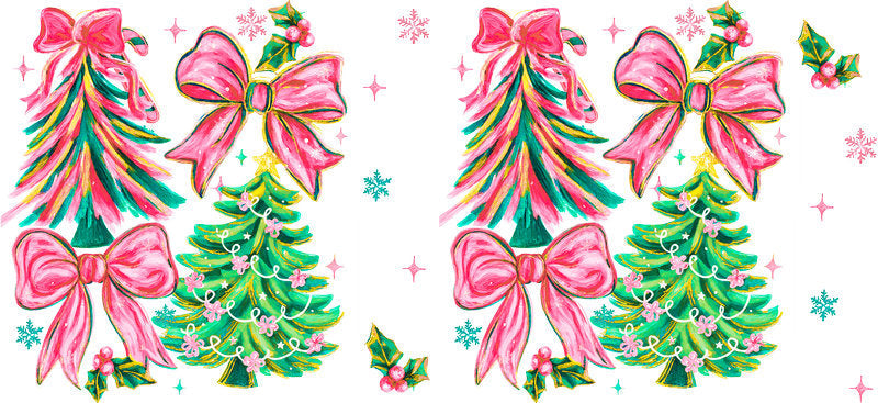 Pink Christmas tree UV DTF cup wrap with holiday bow design for 16oz glass can KA-11591