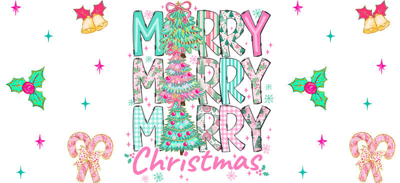 Merry Christmas design UV DTF cup wrap with festive lettering for 16oz glass can KA-11635