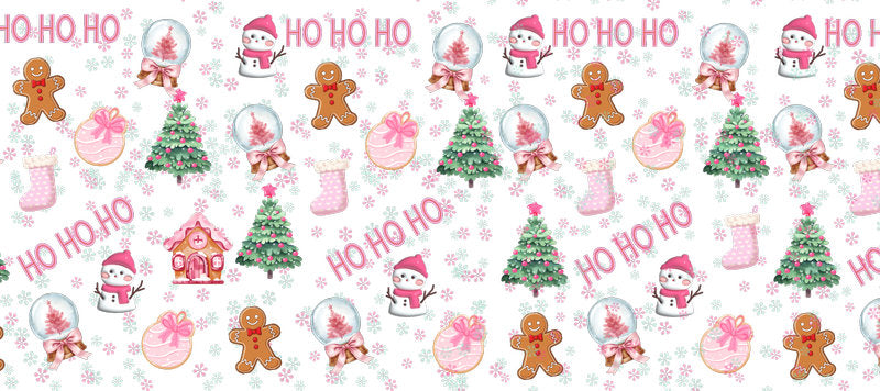 Pink Christmas snow globe with snowman gingerbread tree and holiday elements