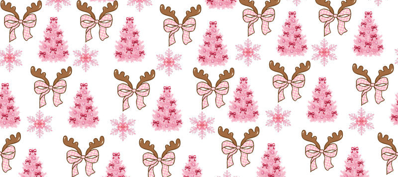 Pink Christmas reindeer bow tree and snowflake holiday pattern
