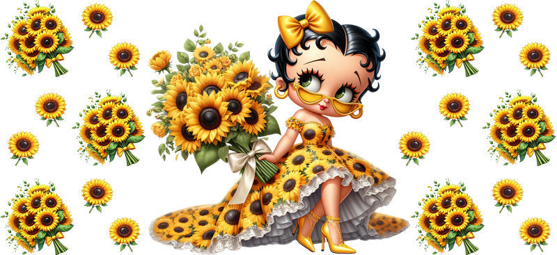Sunflower Girl Floral UV DTF Cup Wrap for 16oz Libbey Glass KA-14827