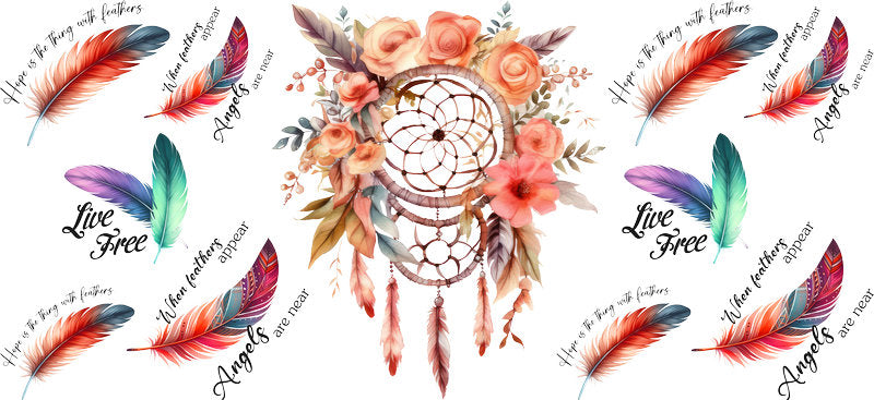 Floral Dreamcatcher with Colorful Flowers and Feathers UV DTF Cup Wrap for 16oz Glass KA-15338