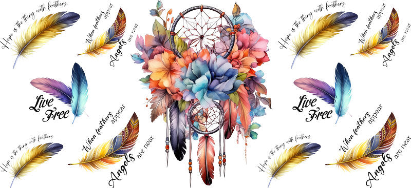 Floral Dreamcatcher with Colorful Flowers and Feathers UV DTF Cup Wrap for 16oz Glass KA-15344