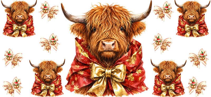 Christmas Highland Cow UV DTF Cup Wrap for 16oz Libbey KA-15390