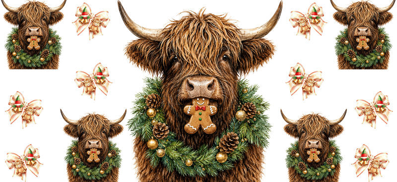Christmas Highland Cow UV DTF Cup Wrap for 16oz Libbey KA-15397
