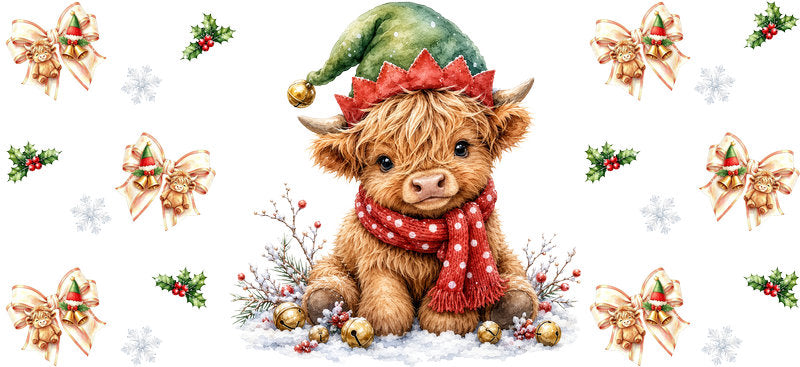 Christmas Highland Cow UV DTF Cup Wrap for 16oz Libbey KA-15434