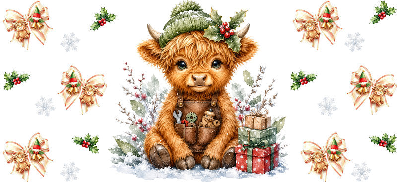 Christmas Highland Cow UV DTF Cup Wrap for 16oz Libbey KA-15443