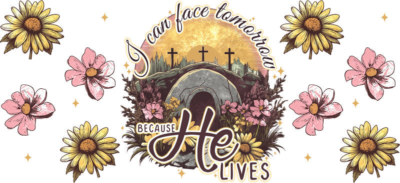 Because He Lives Christian Floral Design UV DTF Cup Wrap for 16oz Libbey Glass KA-16331