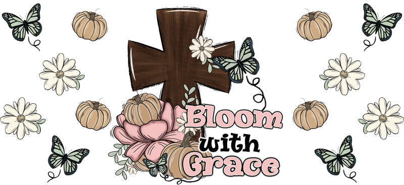 Bloom with Grace Floral Cross Christian UV DTF Cup Wrap for 16oz Libbey Glass KA-16389