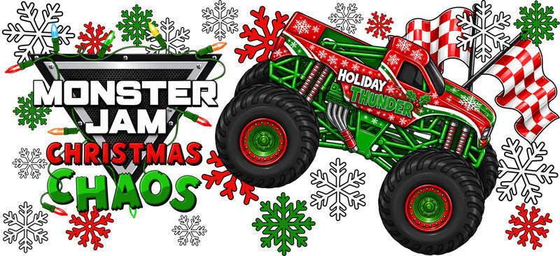Monster Truck Christmas Chaos UV DTF Cup Wrap for 16oz Libbey Glass KA-16490