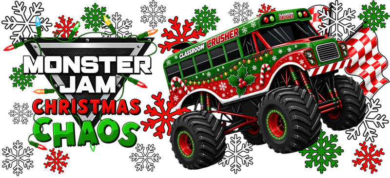 Monster Truck Christmas Chaos UV DTF Cup Wrap for 16oz Libbey Glass KA-16494