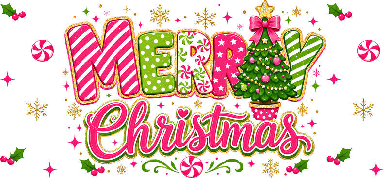 Merry Christmas colorful candy tree UV DTF cup wrap for 16oz Libbey glass KA-16506