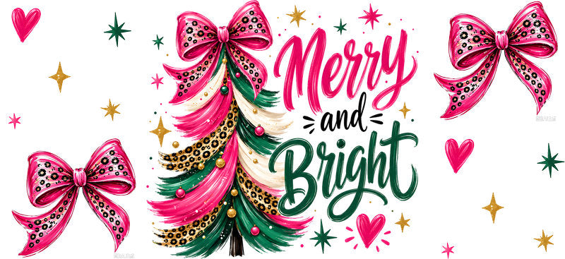 Merry and Bright pink bow Christmas tree UV DTF cup wrap for 16oz Libbey glass KA-16512
