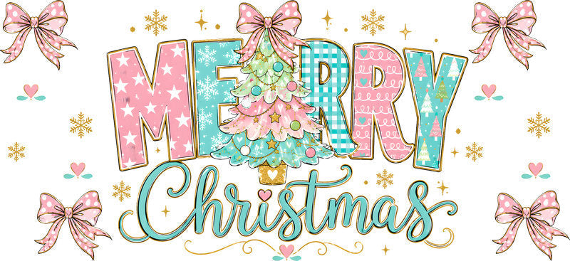 Merry Christmas pastel tree and bow UV DTF cup wrap for 16oz Libbey glass KA-16515