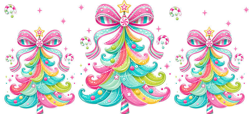 Pastel rainbow Christmas trees and bows UV DTF cup wrap for 16oz Libbey glass KA-16517