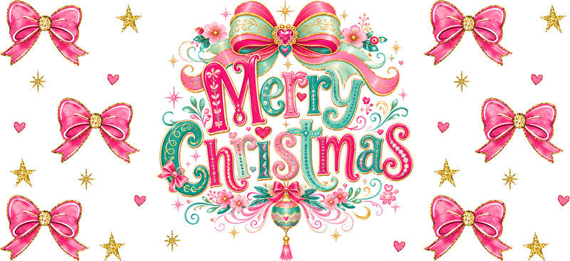 Merry Christmas pink bows festive UV DTF cup wrap for 16oz Libbey glass KA-16518