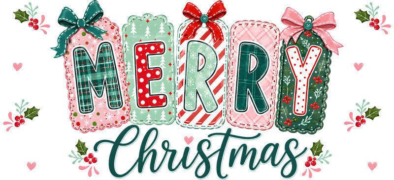 Merry Christmas colorful bows and holly UV DTF cup wrap for 16oz Libbey glass KA-16519