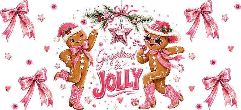 Jolly gingerbread Christmas characters and pink bows UV DTF cup wrap for 16oz Libbey glass KA-16523