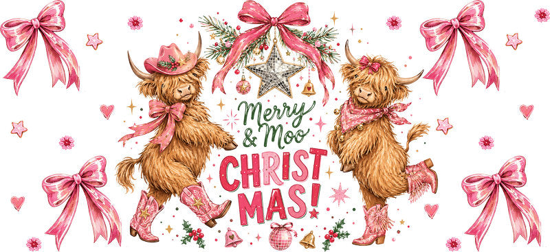 Merry Christmas moose and pink bows UV DTF cup wrap for 16oz Libbey glass KA-16524