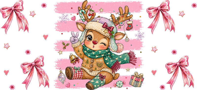 Cute reindeer Christmas pink bow UV DTF cup wrap for 16oz Libbey glass KA-16525