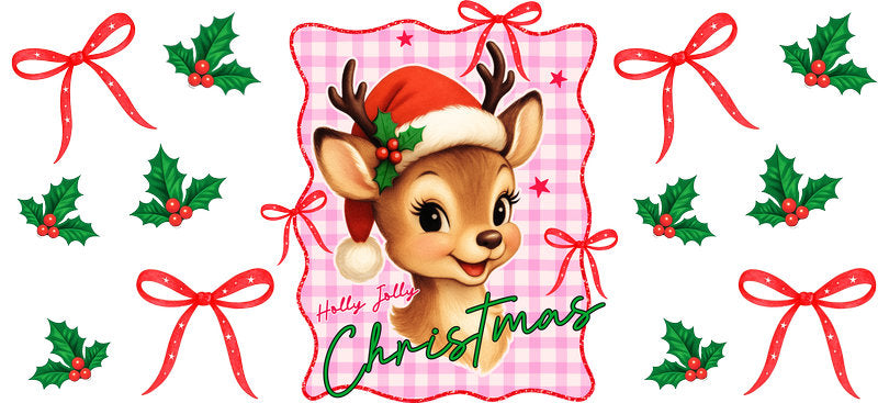 Cute reindeer Christmas holly and red bows UV DTF cup wrap for 16oz Libbey glass KA-16532
