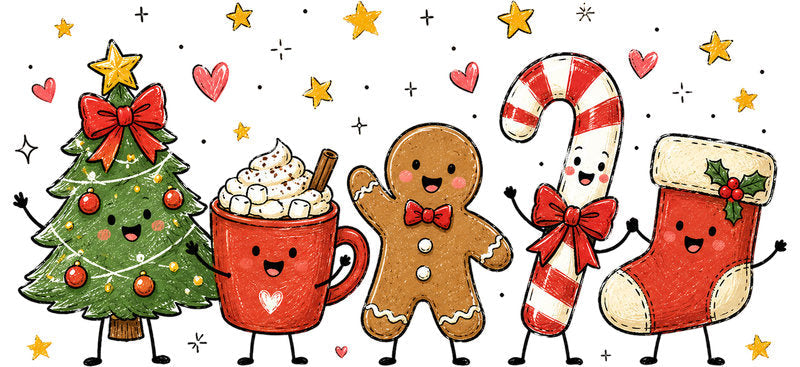 Cute Christmas tree cocoa gingerbread and candy UV DTF cup wrap for 16oz Libbey glass KA-16533