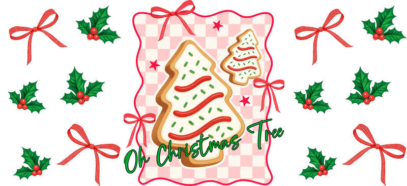 Oh Christmas Tree festive cookie and holly UV DTF cup wrap for 16oz Libbey glass KA-16538
