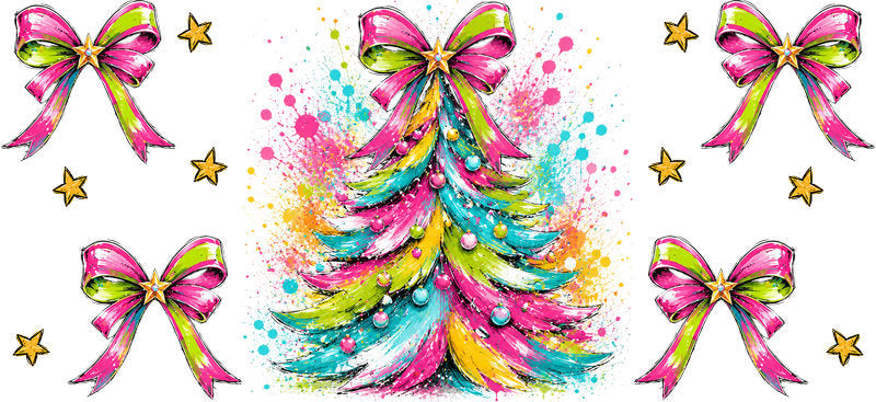 Rainbow Christmas tree and colorful bows UV DTF cup wrap for 16oz Libbey glass KA-16539