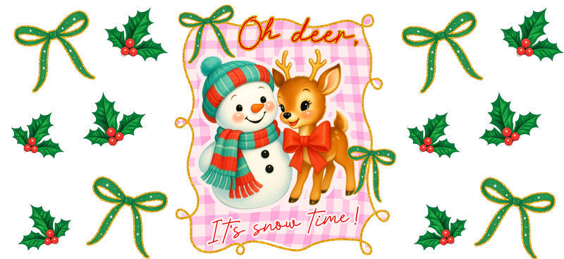 Snowman and reindeer Christmas holly UV DTF cup wrap for 16oz Libbey glass KA-16540