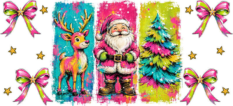 Colorful Santa reindeer and Christmas tree UV DTF cup wrap for 16oz Libbey glass KA-16541