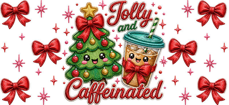Jolly and Caffeinated Christmas tree coffee and bows UV DTF cup wrap for 16oz Libbey glass KA-16548