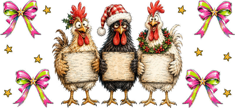 Funny Christmas chickens with Santa hats UV DTF cup wrap for 16oz Libbey glass KA-16552
