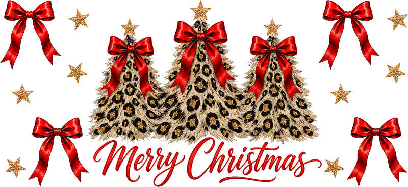 Leopard print bows Merry Christmas UV DTF cup wrap for 16oz Libbey glass KA-16556