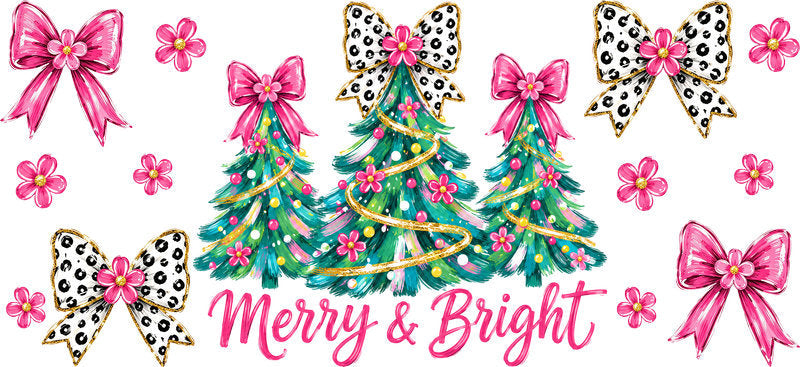 Merry and Bright Christmas trees leopard bows UV DTF cup wrap for 16oz Libbey glass KA-16557
