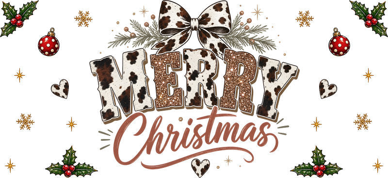 Merry Christmas cow print bow UV DTF cup wrap for 16oz Libbey glass KA-16563