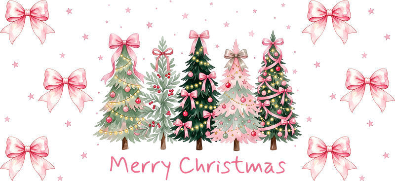 Pink bows and Christmas trees UV DTF cup wrap for 16oz Libbey glass KA-16566