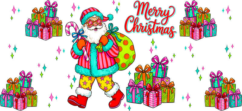 Merry Christmas Santa with colorful gifts UV DTF cup wrap for 16oz Libbey glass KA-16571