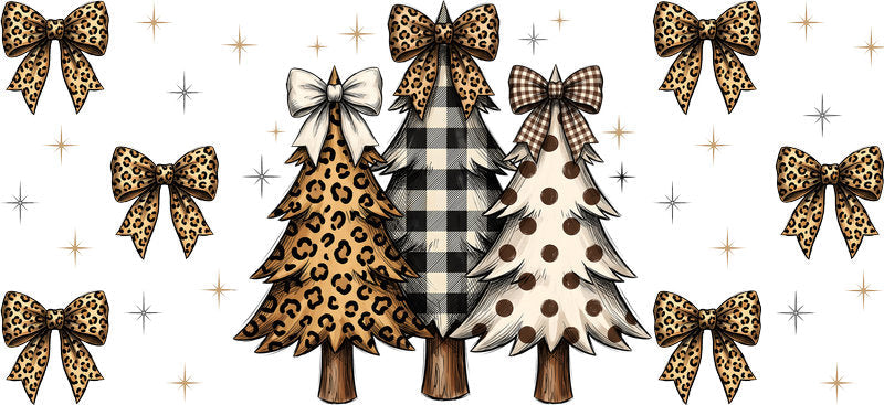 Leopard print Christmas trees and bows UV DTF cup wrap for 16oz Libbey glass KA-16572