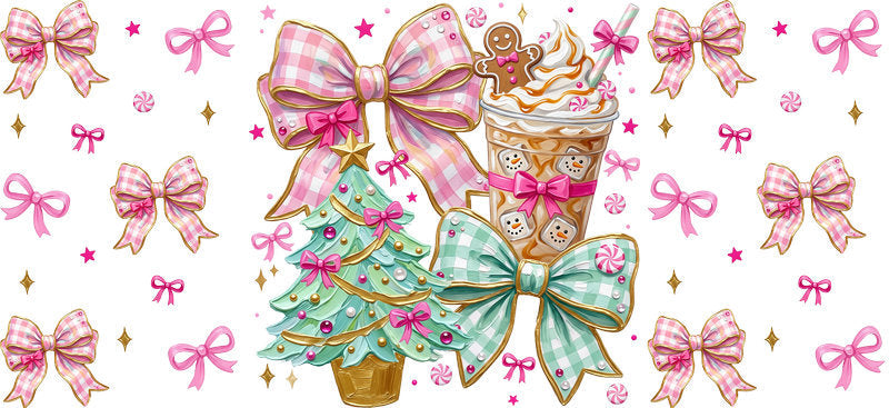 Pastel Christmas treats trees and bows UV DTF cup wrap for 16oz Libbey glass KA-16576