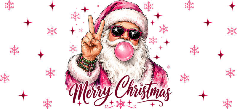 Merry Christmas pink Santa bubble gum UV DTF cup wrap for 16oz Libbey glass KA-16583