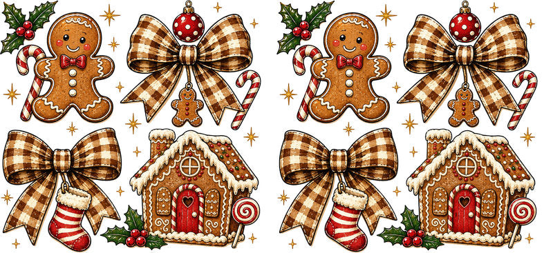 Gingerbread house plaid bows Christmas pattern UV DTF cup wrap for 16oz Libbey glass KA-16584