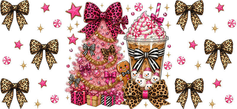 Pink gingerbread Christmas tree and nutcracker UV DTF cup wrap for 16oz Libbey glass KA-16588